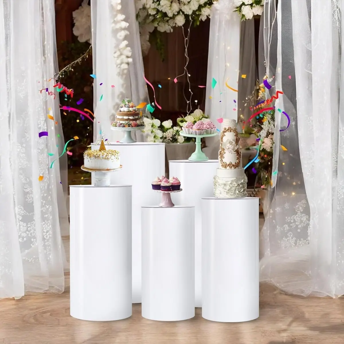 10 Pcs White Cylinder Pedestal Stands Set 5 Sizes for Wedding Party Cake Table Birthday Baby Shower Event Decor