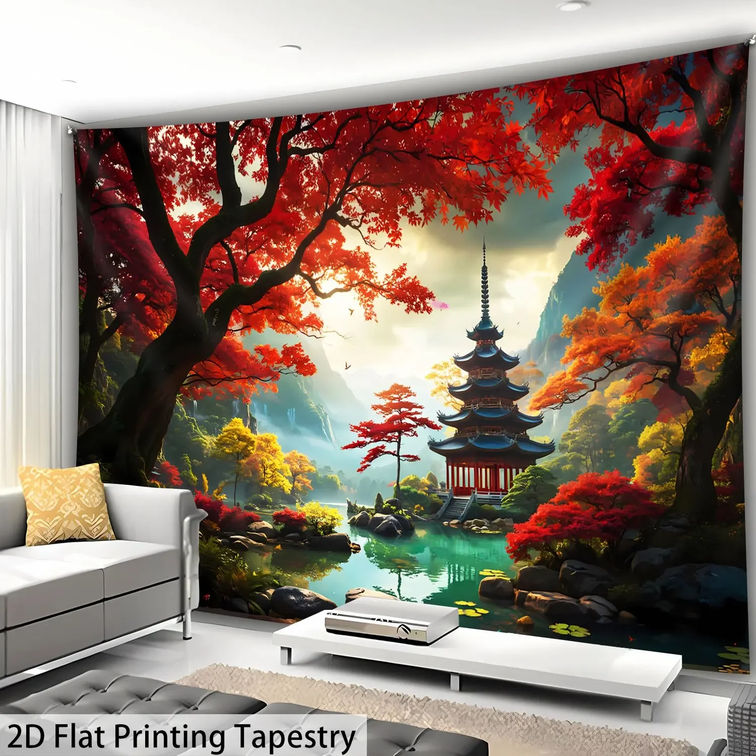Ed Maple Tree Pagoda Tapestry, Japanese Temple in Autumn Forest, Asian Scenery Wall Hanging for Bedroom Living Room