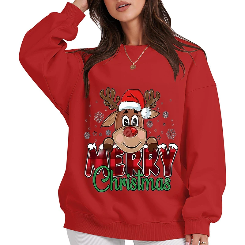 Damen-Kapuzenpullover, festliches Weihnachts-Sweatshirt mit Rentier- und Karomuster, lässig, locker, langärmelig, Rundhals-Sweatshirt für den Winter
