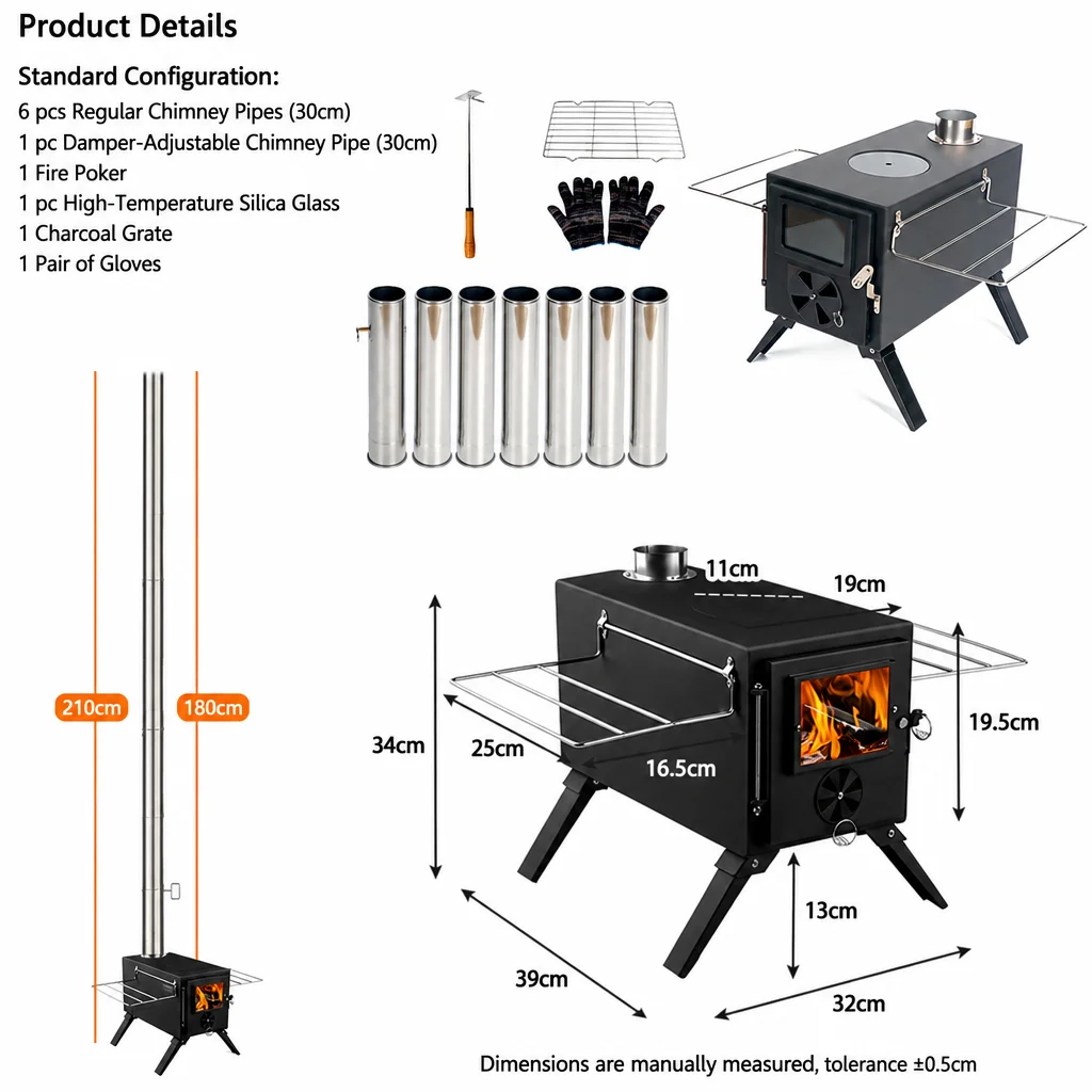 Portable Tent Wood Stove with Visual Fire Window Camping Heater