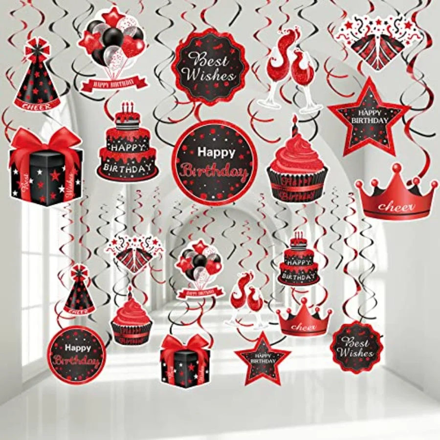 30 Pcs Red and Black Happy Birthday Hanging Swirls Party Decors Birthday Party Hanging Swirl Decorations Red Streams Ceiling De
