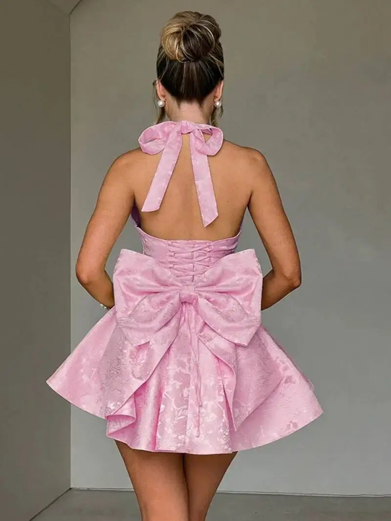 ジャカードウエストラップAラインドレス レディース ミニ丈 2024春夏 エレガントなリボン バックレス セクシー パーティードレス MEH8