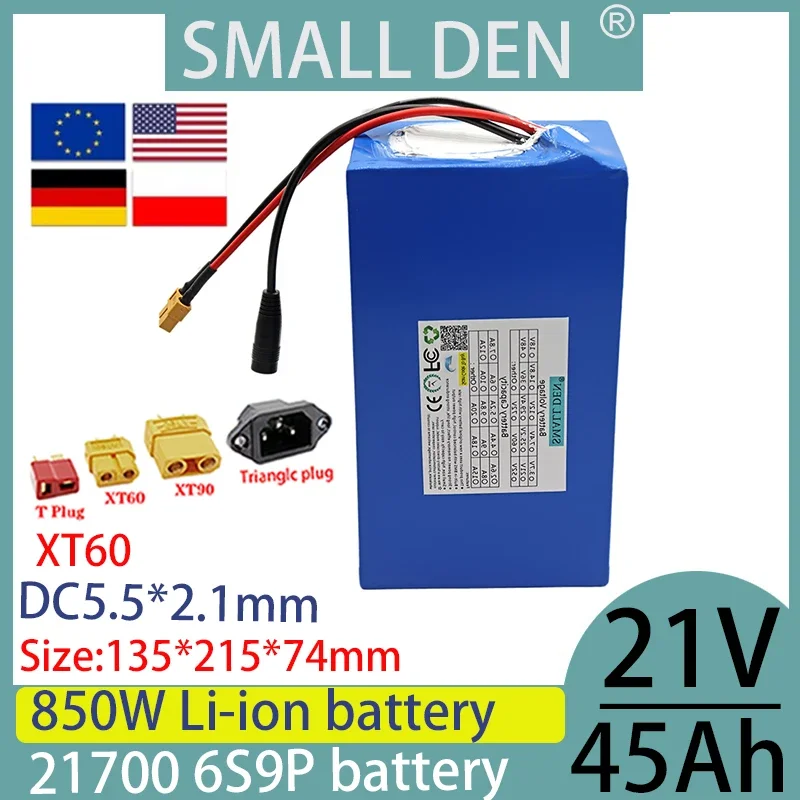 New 21V 45ah 6S9P 21700 lithium battery pack 100W 850W suitable for high-power built-in large capacity 40A BMS battery