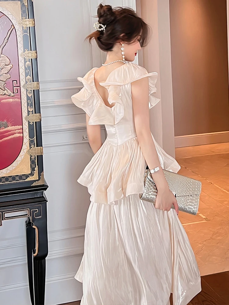 2023 Summer Dresses for Women Elegant Satin Butterfly Sleeve High Waist Ruffles A-line Maxi Robe Feminine Party Birthday Vestido