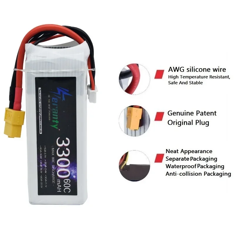 4S 14.8V 3300mAh 60C Lipo Battery with Dual XT30 & XT60 Connector for RC Car, FPV Drone, Truck, Airplane Soft Case - Image 5