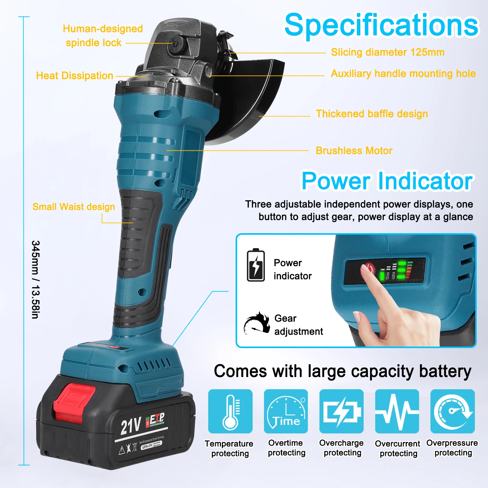 21V 125mm M14 Angle Grinder Brushless Motor Electric Grinding Tool for Cutting Polishing Wood Cutting Machine Utility Power Tool