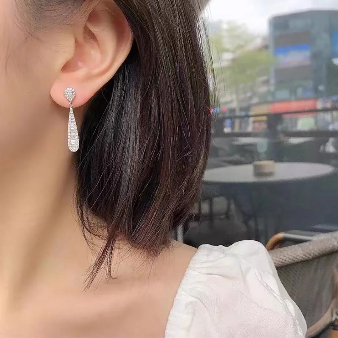 Full Diamonds Water Drop Ladder Square Necklace Women's Simple Hip Hop Style Earrings for Women Pendant Jewelry Accessories Gift