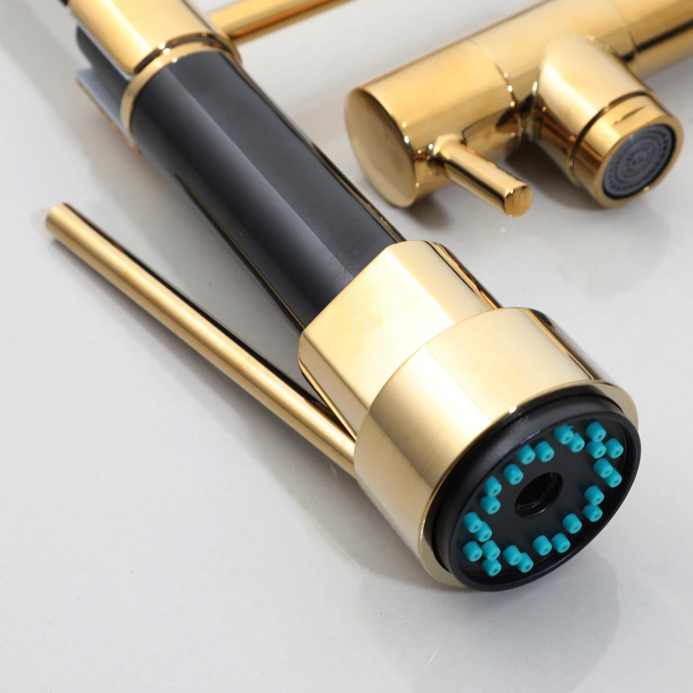 OUBONI Pull Down Brass Kitchen Sink Faucet Dual Spout 360 Rotation Faucets Multifunctional Hot Cold Water Mixer Tap 