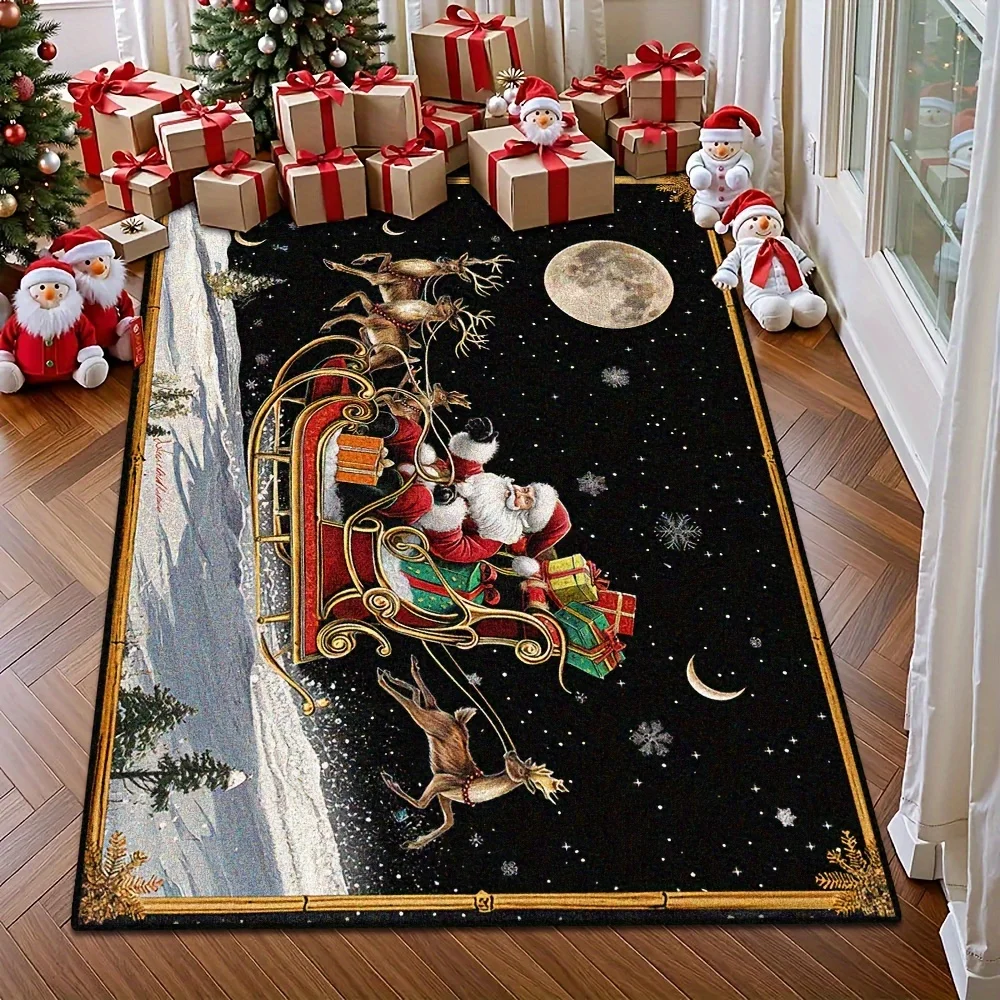 1pc Santa Sleigh & Reindeer Pattern Area Rug, Soft Plush Machine Washable Decor Mat for Christmas Party