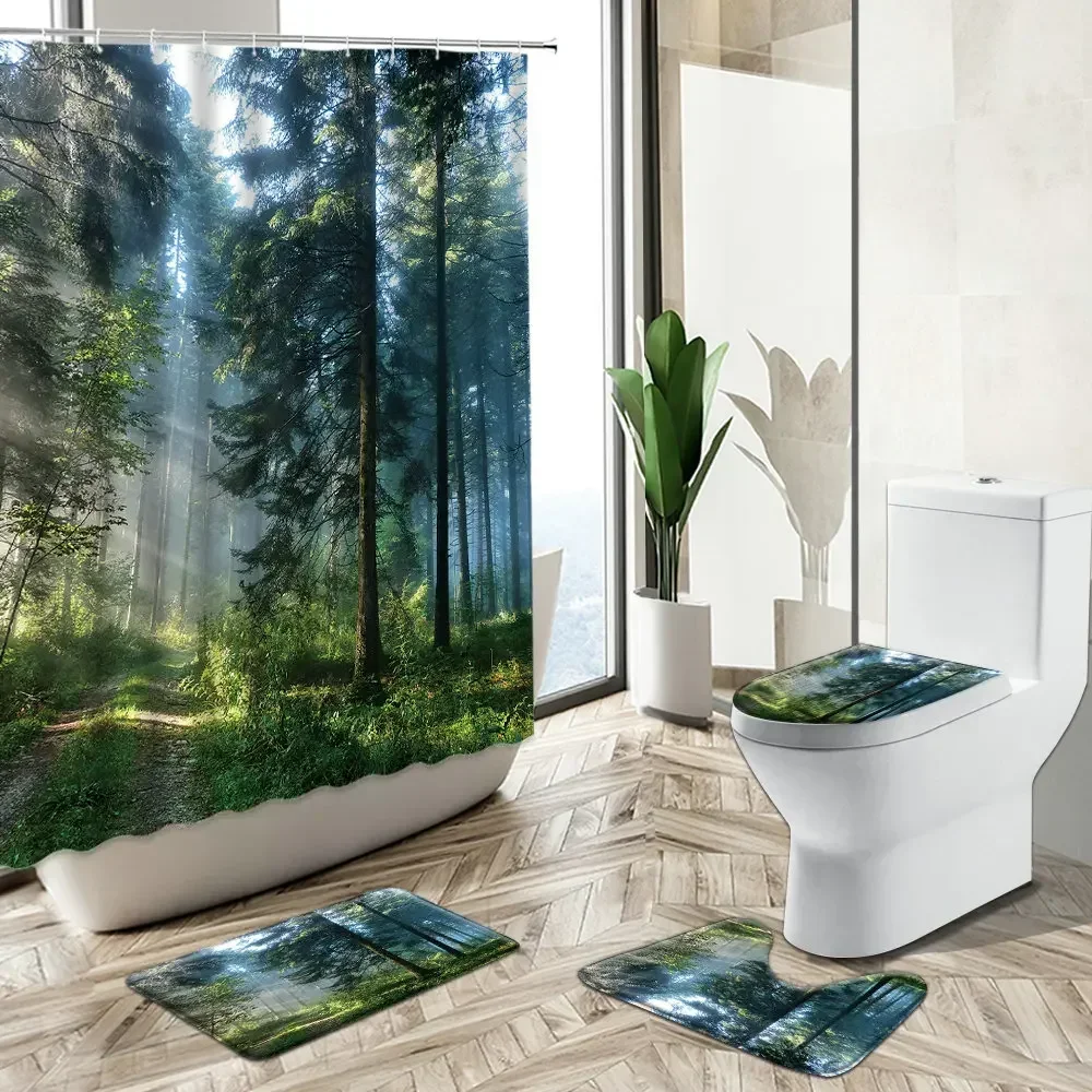 Foggy Forest Natural Scenery Shower Curtain Sunlight Trees Green Plant Bathroom Decor Non-Slip Rug Toilet Lid Cover Bath Mat Set