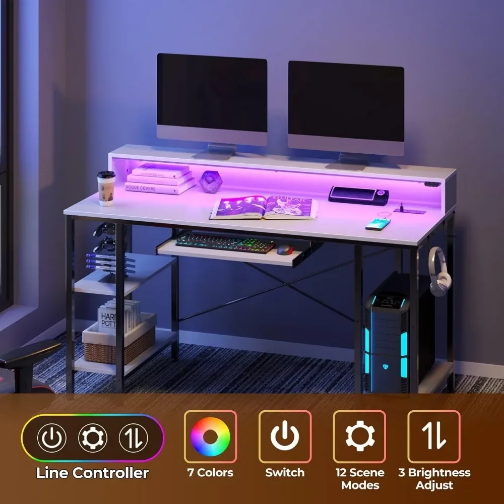 Mesa de jogos com prateleiras de armazenamento, Home Office Desk com bandeja de teclado, mesa do computador, luzes LED e tomadas de energia