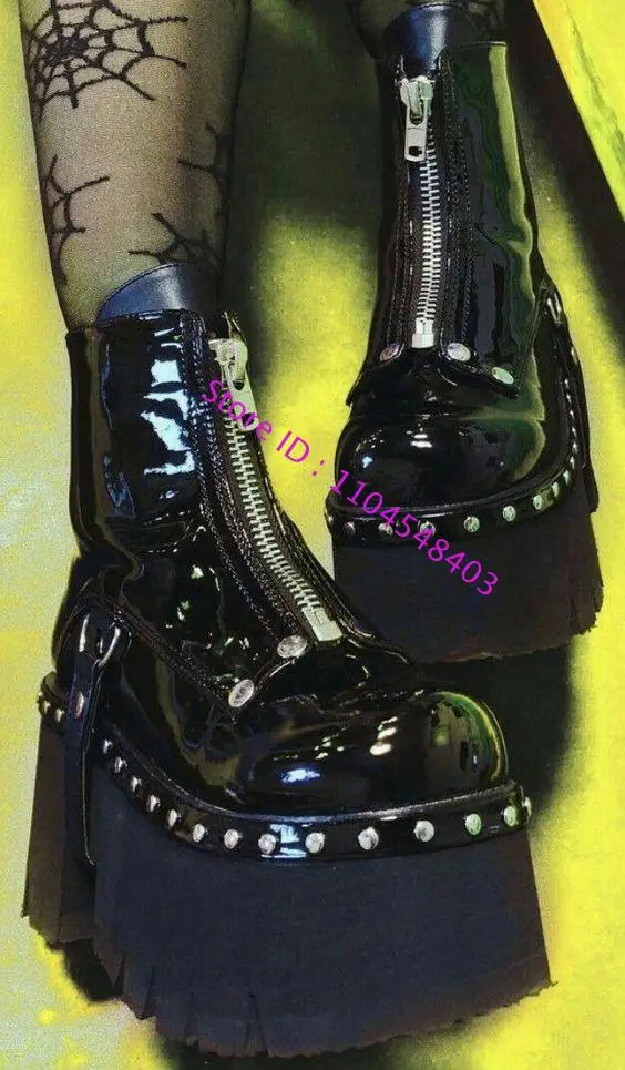 

Girl Zip Rome Wedges High Heel Patent Leather Boots Design Women Round Toe Ankle Boots Spring Rivet Punk Gladiaor Black Shoes
