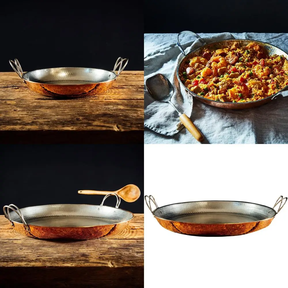 Paella Pan Alicante de cobre estilo 8 pulgadas de diámetro - Diseño de mango de acero inoxidable martillado a mano