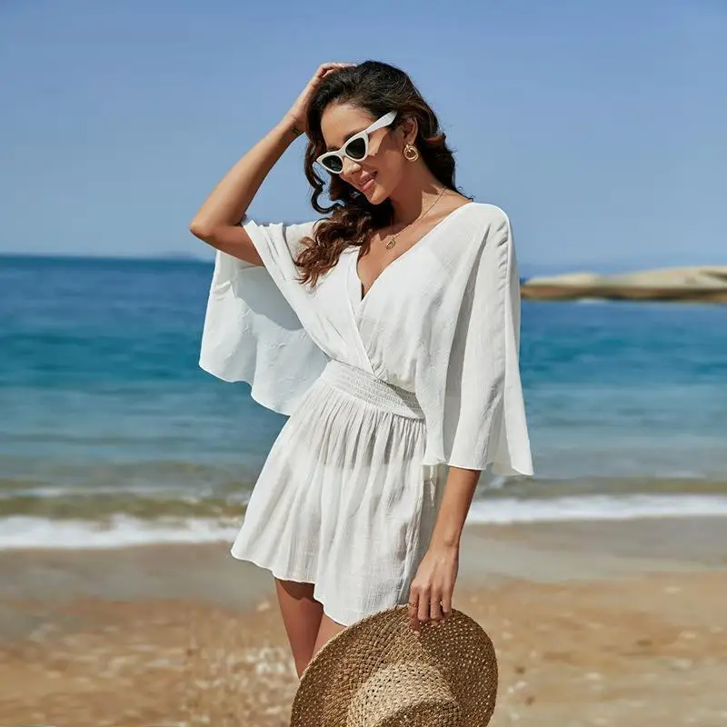 

Women's Beach Tunic Pareo Clothes Bikini Cover Up Female Bathing Suits Playa Swimsuit Smock Elastic Sexy Deep V Neck Holiday