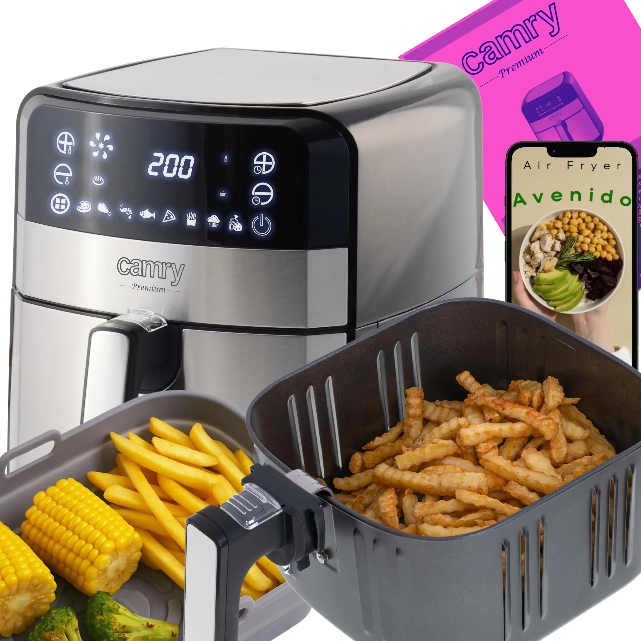 Luchtfriteuse Friteuse Gratis vet 5L Friteuse 2500W 9 programma's Temperatuurregeling 80-200 ° C Timer LED-display