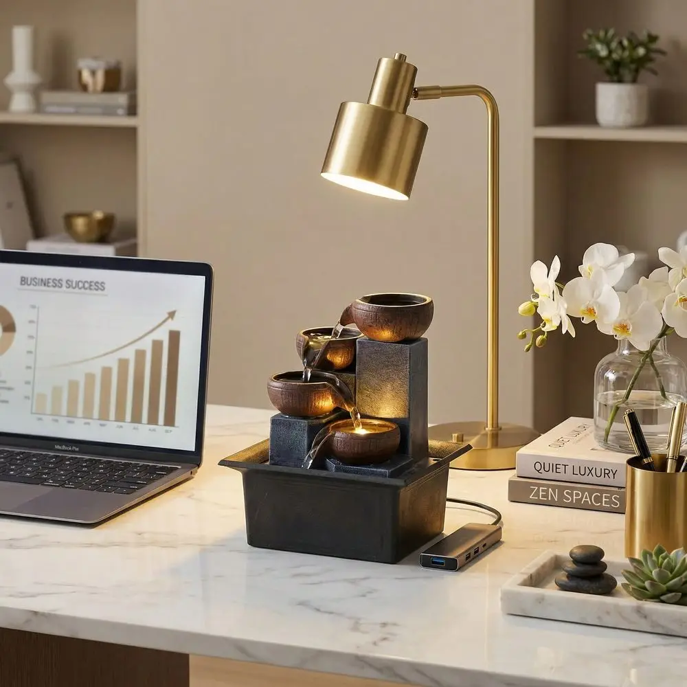 

Four Level Desktop Fountain With Warm LED Lights, Perfect For Bedrooms, Offices And Homes.