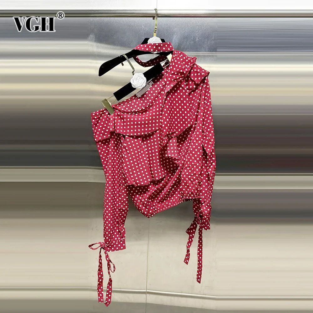 VGH Hit Color Printing Asymmetrical Shirts For Women Diagonal Collar Long Sleeve Patchwork Lace Up Minimalist Slim Blouse Female