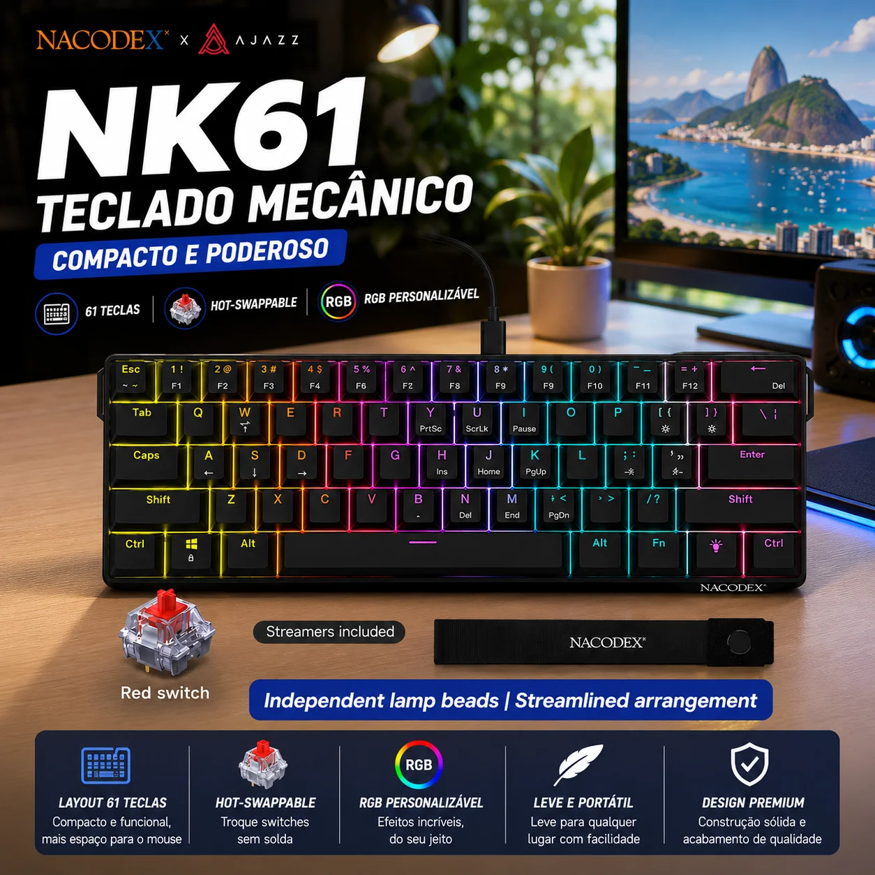 Ajazz nk61 teclado mecânico para jogos com fio 60% rgb hot-swappable 61 teclas interruptor vermelho mini teclado para gamer pc
