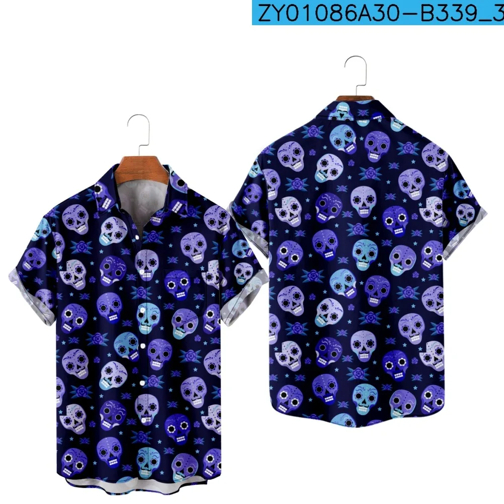 Hawaiian Men's Short Sleeved T-shirt with 3D Skull Print, Comfortable and Casual Oversized Button Up Collar Shirt, Clothing