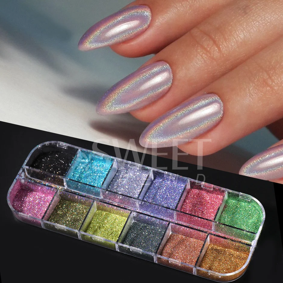 12Grid Laser Holo Nail Chrome Powder Holographic Rainbow Sequins for Nails Mirror Glitter Gel Polish Manicure Decoration JII-360