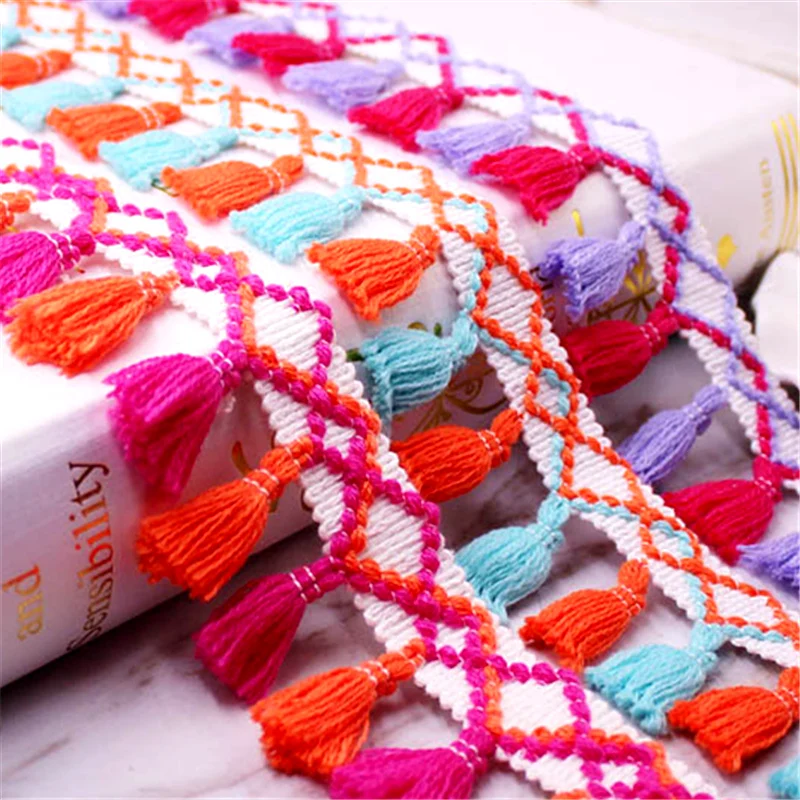 2 Yards Colored Fringed Lace Trim Sewing Ribbon Tassel Fringe Cotton Ethnic Latin Dress Stage Garment Curtain Decorative DIY