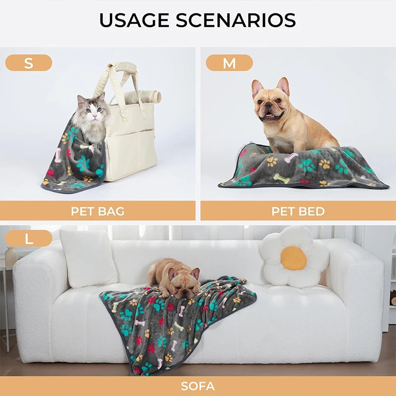 Soft Flannel Pet Throw Blanket Cute Paw Bone Print, Warm Lap Blanket for Bed Sofa, Multi Sizes Dog Cat Blanket for Car Seat