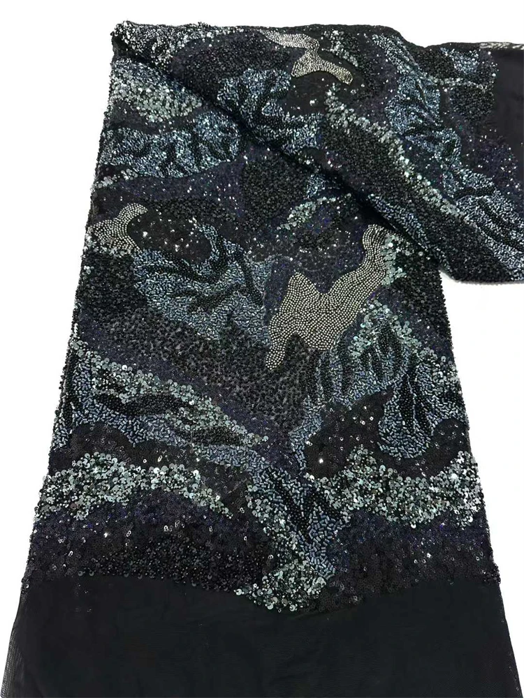 ผ้าลูกไม้ปักลูกปัดทำมือจากแอฟริกาขายส่ง, งานปักเลื่อมลูกปัดหนัก, ผ้าทูลล์ฝรั่งเศส, ผ้าตาข่าย, หรูหรา, งานแต่งงาน, 5 หลา