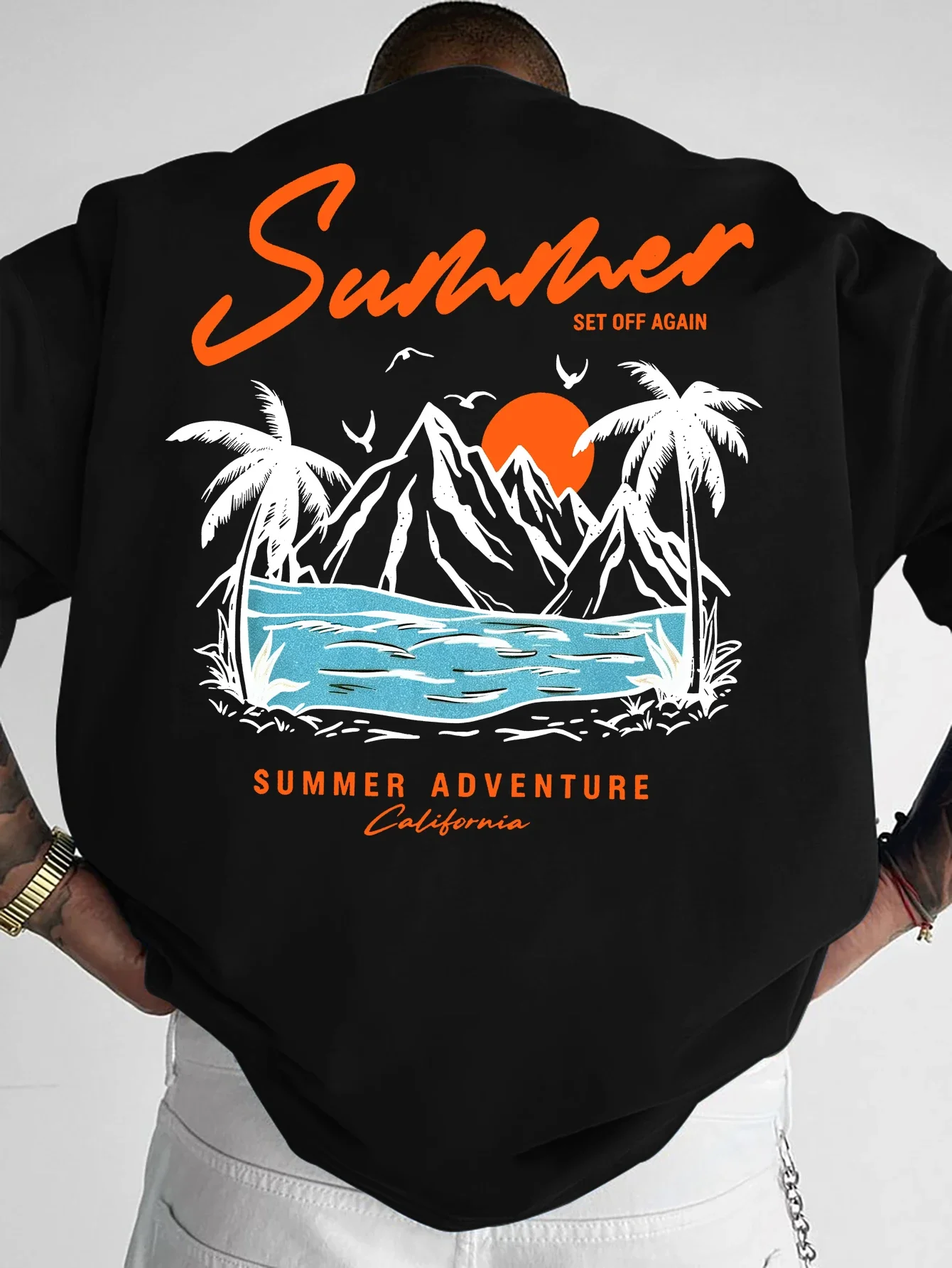 Men Oversized Crew Neck T-shirt Summer Adventure Palm Mountain Lake Graphic Print Casual Tee S-XXL