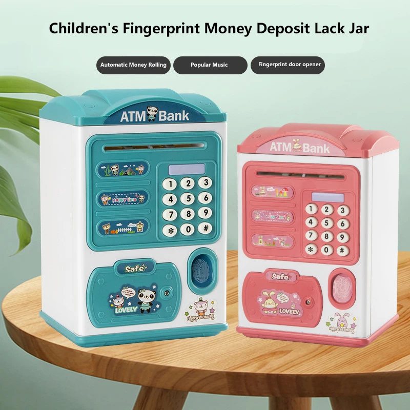 Children\'s Creative Cartoon Fingerprint Money Bank Lights Music ATM Password Box Automatic Coin Roll Gift Toys