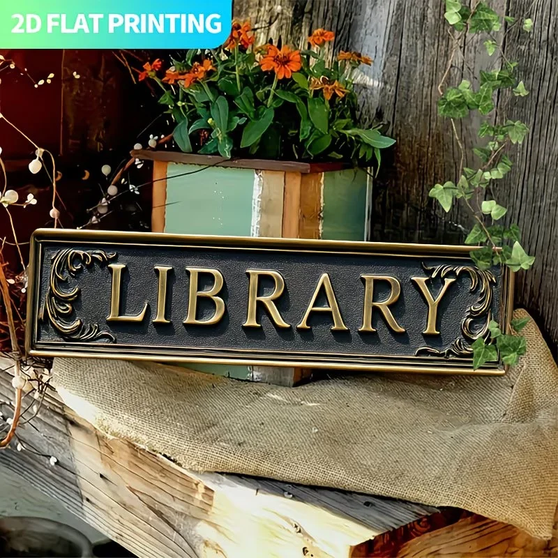 Retro Aluminum Decorative Sign, Library Letter Wall Hanging Sign for Home Study Library Office Classroom Cafe Bar Wall Decor