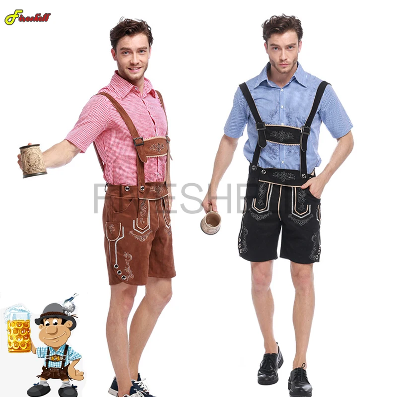 Germany Oktoberfest Man'S Costume Blue Red Shirt Short Sleeve Adjustable Embroidery Suspender Shorts Halloween Cosplay Costumes