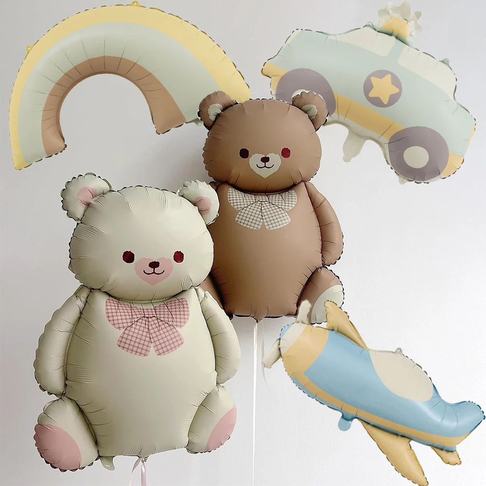 4pcs Matte Bear Balloon Rainbow Cartoon Plane Car Foil Balloon Set Ins Birthday Party Decoration Supplies Kids Baby Shower Favor