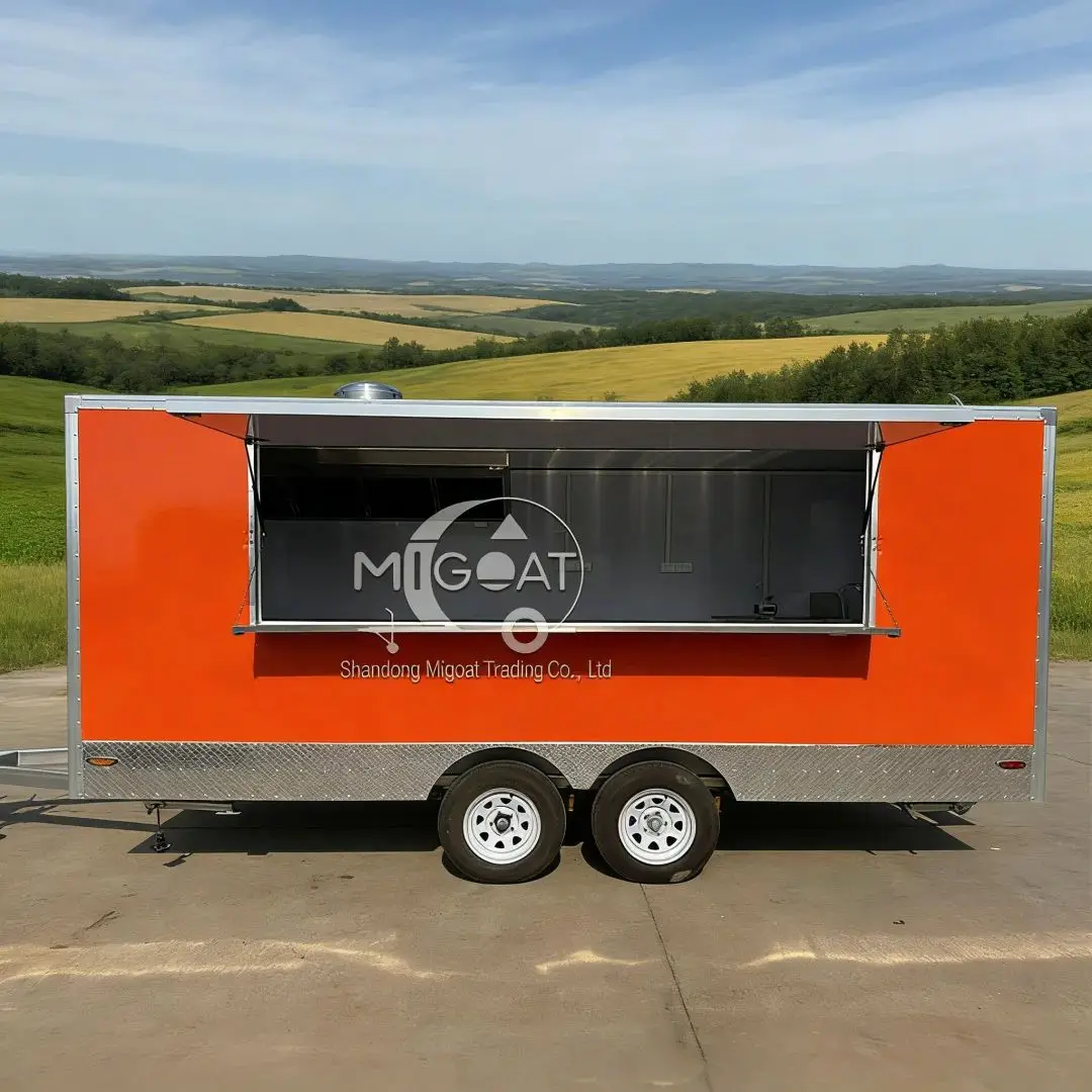 

Orange Commercial Mobile Food Cart with Exhaust Hood And Double Sinks for Street Food Business Catering Trailer