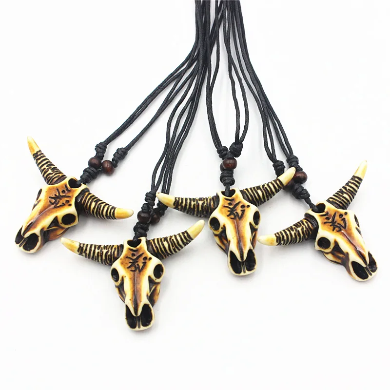 1 Piece Women and Men Resin Animal Ox Head Pendant Necklace Personality Wooden Bead Wax Thread Jewelry Necklace For Men view 5