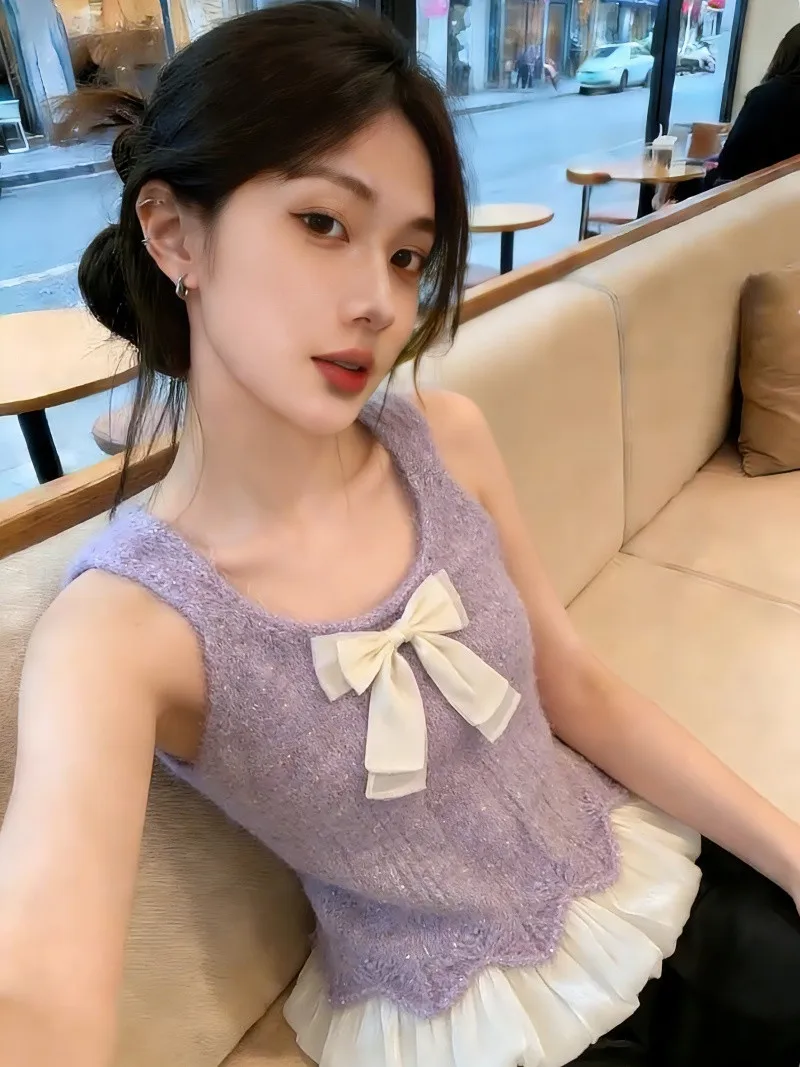 

Sweet Style Knitted Vest Women's Sleeveless Top Knot Splice Self-Kept Version Purple Spring Autumn New Arrival