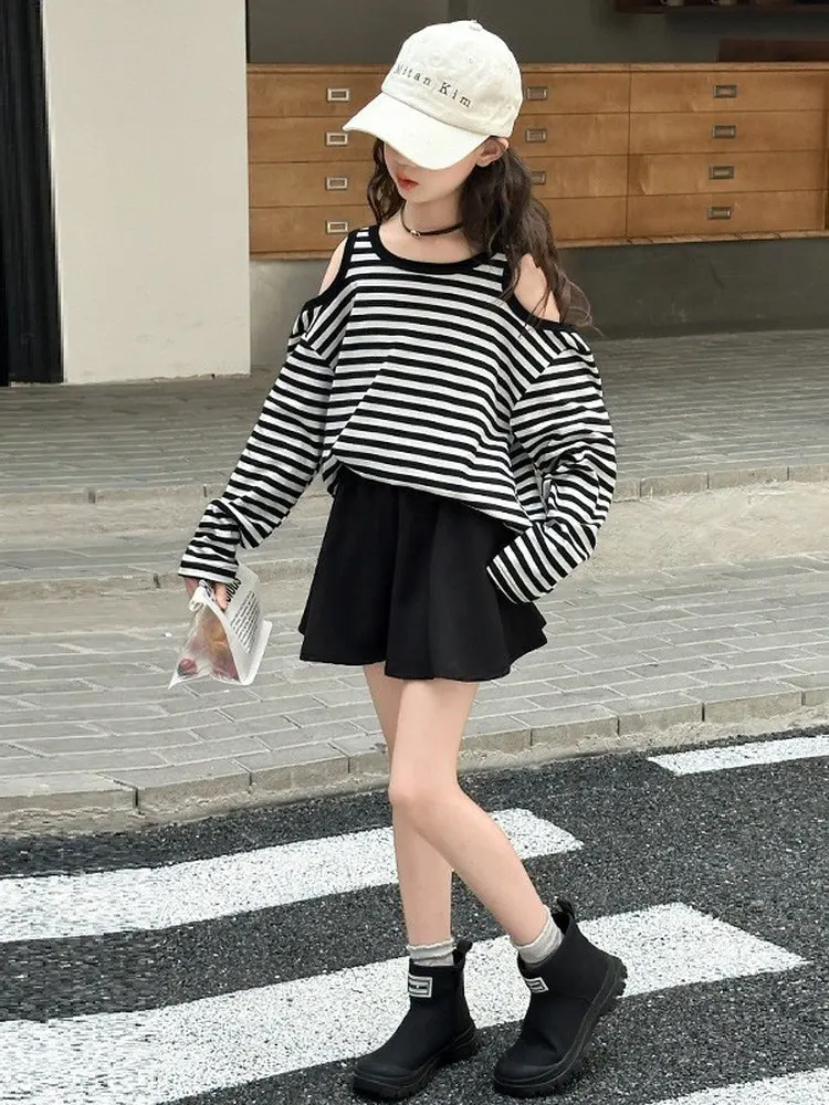 エレガントなゆったりとした長袖ツーピースセット、大きな女の子向け、春・秋用、コットン素材、韓国風、通気性抜群、快適なカジュアルウェア