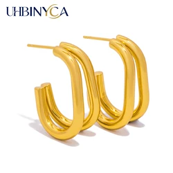 Fashion Double Layers C Shape Hoop Earrings for Women Vintage Small Circle Statement Stainless Steel Jewelry