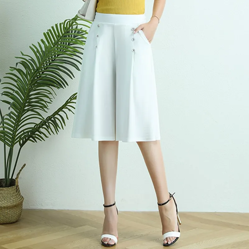 

Fashion Women's White All-match Ice Silk Cropped Culottes Japanese Summer Thin High Waist Solid Loose Five Points Wide Leg Pants