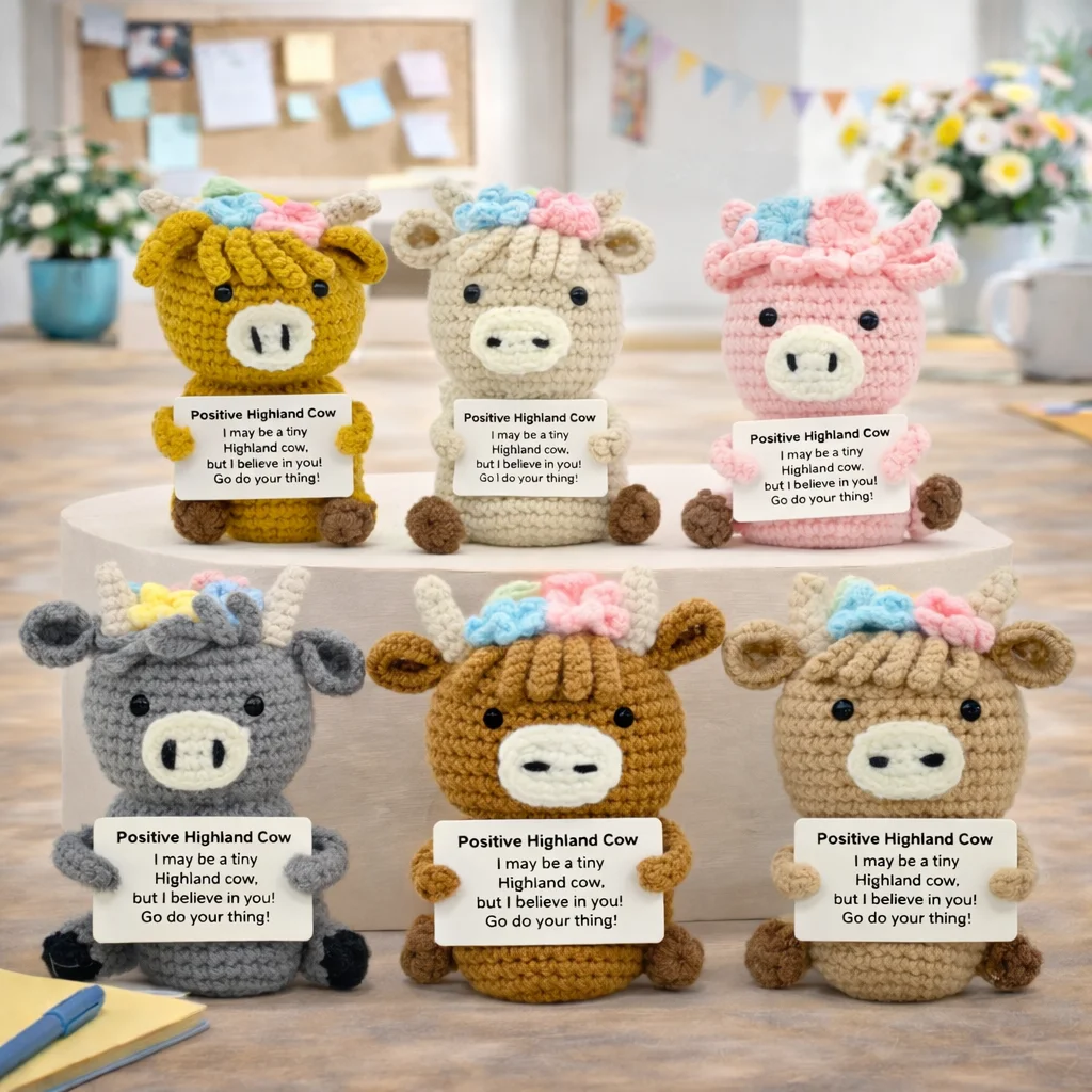 AnimalSeries Positive Energy Cow Crochet Doll, Handmade Knitted Decor Ornament with Encouragement Card, Mini Desk Decor Gift