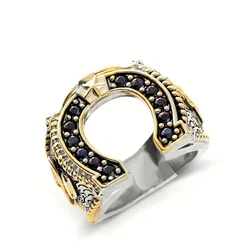 Stunning Black Cubic Zirconia Two Tone Rings Men's America Western Spirit Horseshoe Finger Ring Vintage Punk Party Jewelry