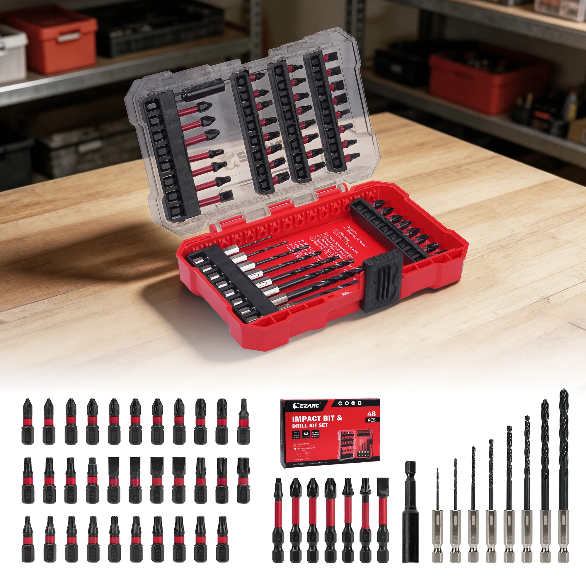 EZARC 48PCS Impact Driver Drill Bit Set with Magnetic Bit Holder – Includes Twist Drills, Phillips Slotted Square and Torx Bits