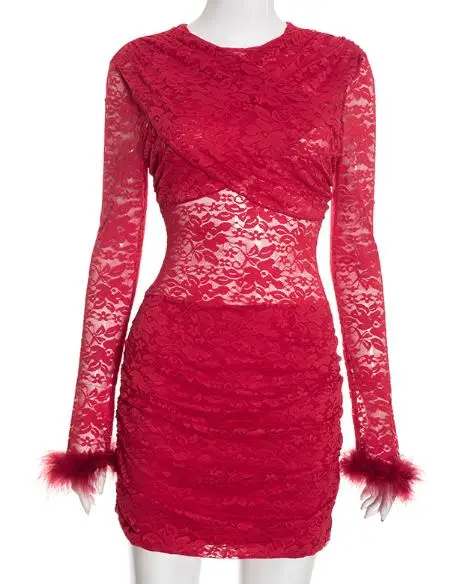 Minivestido elegante con cuello redondo para mujer, tela de encaje cruzado en el pecho, corte transparente y puños de piel, vestido plisado que abraza la cadera