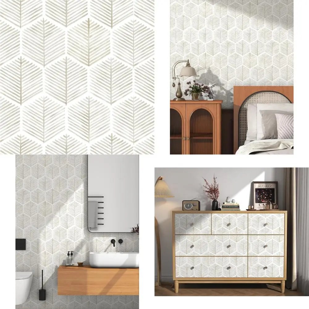 ورق جدران هندسي على طراز بوهو باللونين البيج والأبيض ذاتي اللصق قابل للتقشير واللصق 17.3 × 591 لتزيين الجدران