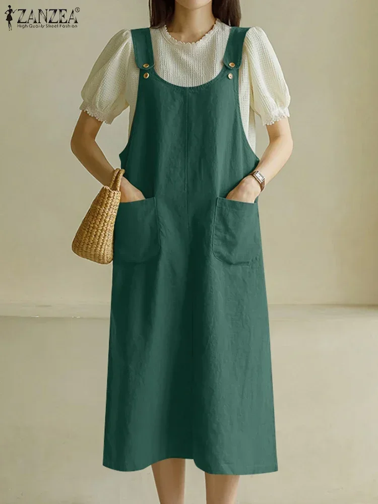 ZANZEA Women Summer Tank Long Dress 2025 Sleeveless Pockets Robe Casual Loose Adjust Suspender Sundress Fashion Solid Midi Dress
