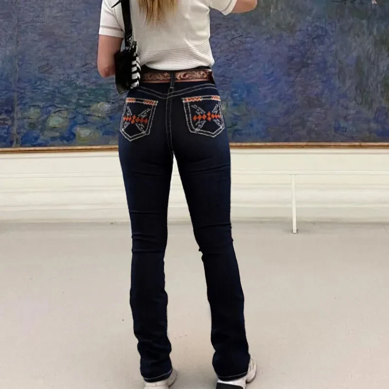 【جينز Y2K المتعثر】جينز جينز عالي الارتفاع قابل للتمدد من قماش الدنيم، تطريز كلاسيكي أنيق من حجر الراين للمناسبات الكاجوال أو الأنيقة