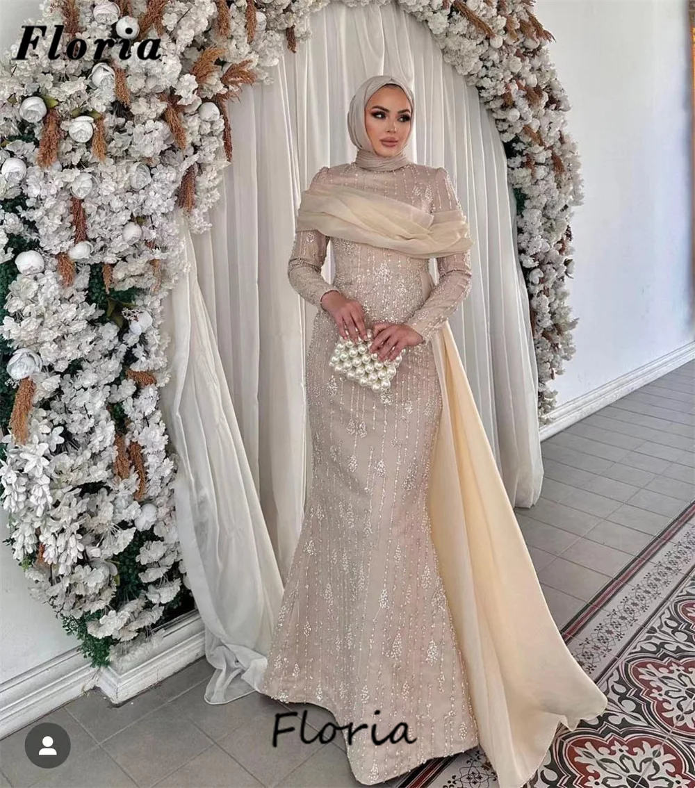 Moroccan Kaftans Champagne Evening Dresses With Hijab 2024 Couture Sequins Prom Dress Elegant Dubai Wedding Party Gowns Robes