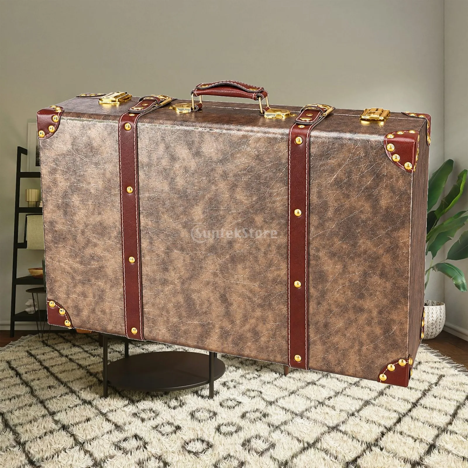 Hard Shell Vintage Suitcase Leather Travel Bag Retro Luggage for Weekend Travel and Decor