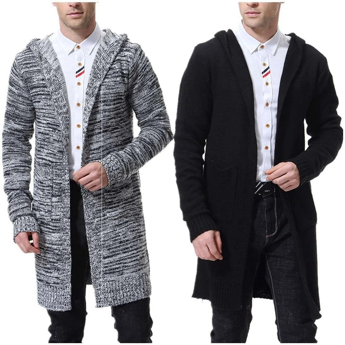 

2024 New Men's Hooded Thiened Open Cardigan Knitted Sweater Faionable Mid-Length Men's Sweater Windbreaker Casual Sle