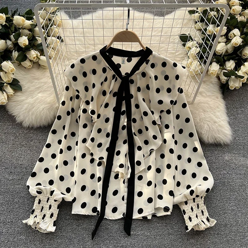Frauen Elegante Büro Chiffon Shirts Polka Dot Gedruckt Langarm Bluse Rüschen Süße Top Casual Dünne Harajuku Tees Mode Neue
