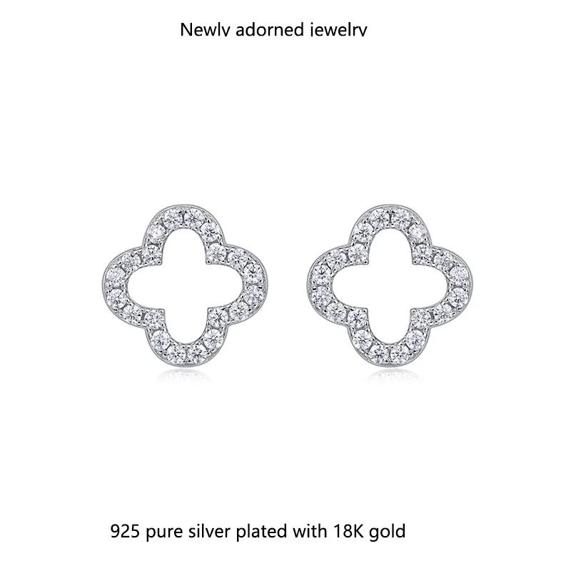 

S925 sterling silver openwork four-leaf clover stud earrings for women, Korean style, minimalist and elegant, high-end and luxur